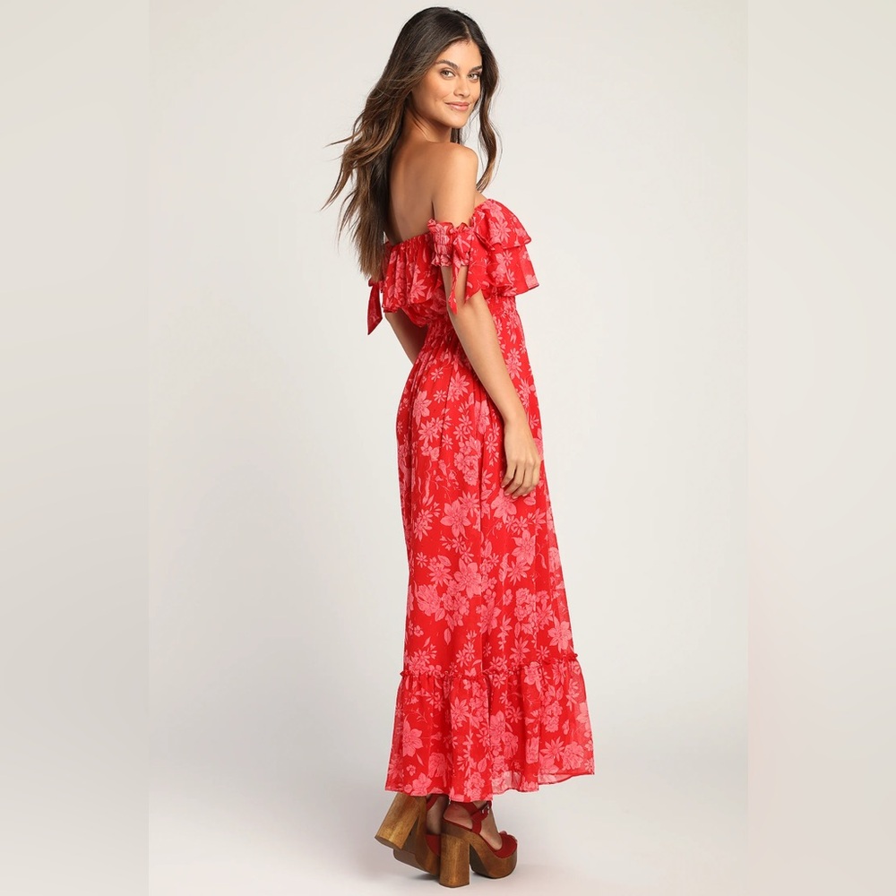 🌸 Lulus Red Floral Ruffle Maxi Dress - Picture 4 of 5